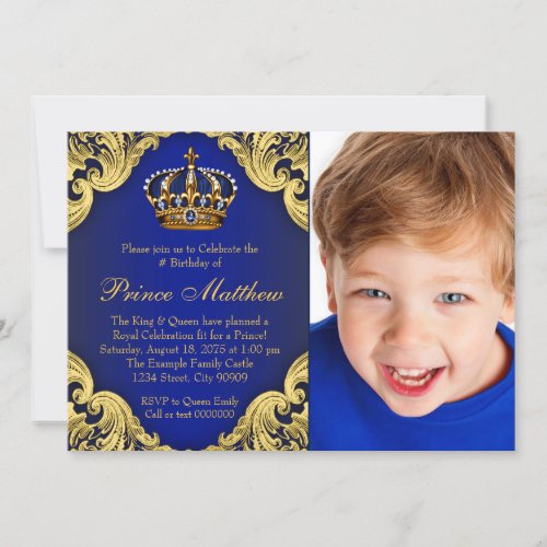 Royal Blue Gold Prince Birthday Party Invitations