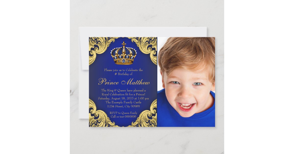 Prince, Royal, King, Blue, Gold, First Birthday, One, Birthday Party  Invitation