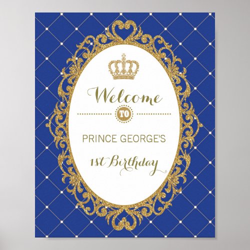Royal Blue Gold Prince Birthday Party Welcome Sign