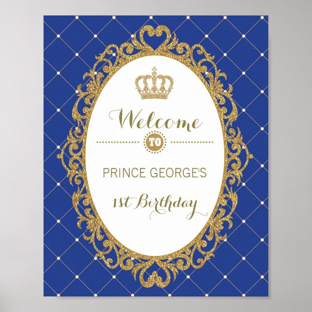 Royal Blue Gold Prince Birthday Party Welcome Sign (Front)
