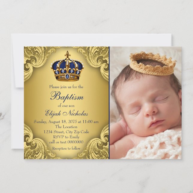 Royal Blue Gold Prince Crown Baptism Invitation (Front)