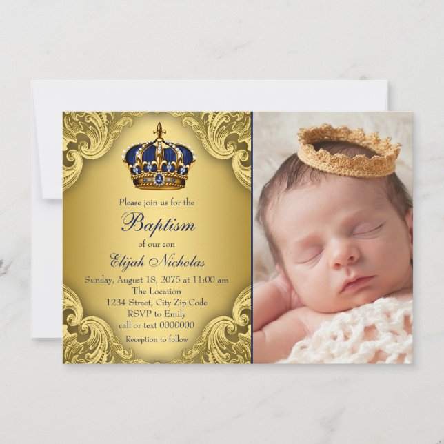 Royal Blue Gold Prince Crown Baptism Invitation (Front)