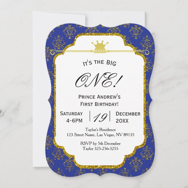 Royal Blue Gold Prince First Birthday Invitation (Front)
