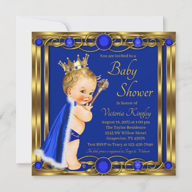 Royal Blue Gold Prince Jewel Baby Shower Invitation (Front)