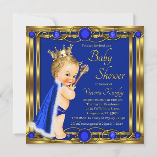 Royal Blue Gold Prince Jewel Baby Shower Invitation