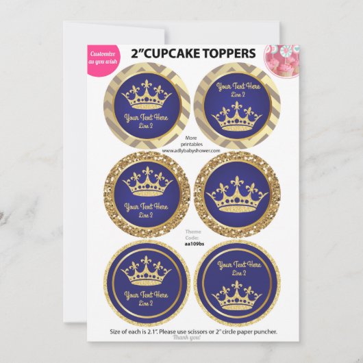 Royal Blue Gold Prince, King Cupcake Toppers (Front)