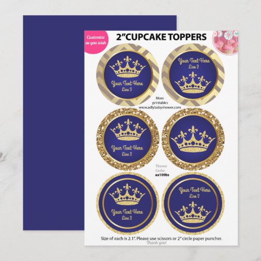 Royal Blue Gold Prince, King Cupcake Toppers (Front/Back)