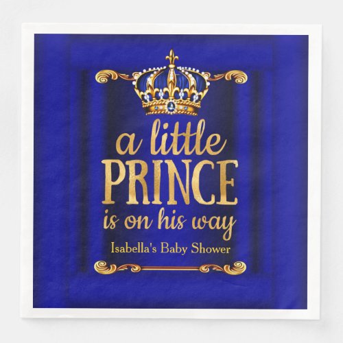 Royal Blue Gold Prince On His Way Baby Shower Paper Dinner Napkins