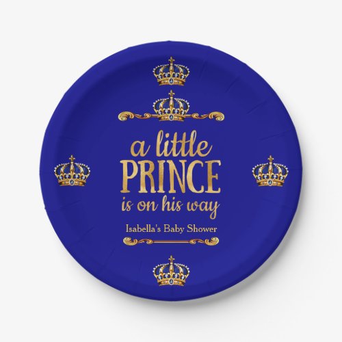 Royal Blue Gold Prince On His Way Baby Shower Paper Plates