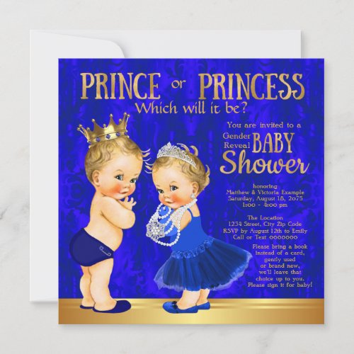 Royal Blue Gold Prince or Princess Gender Reveal Invitation