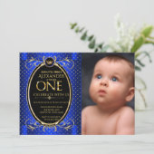 Royal Blue Gold Prince Photo First Birthday Party Invitation (Standing Front)
