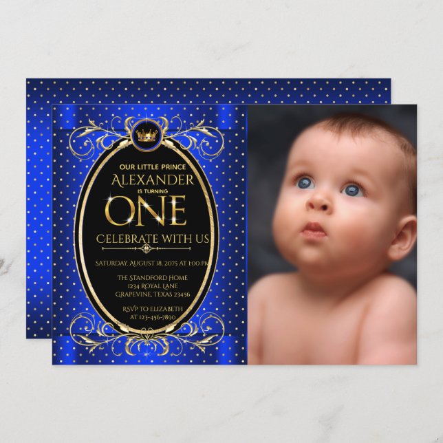 Royal Blue Gold Prince Photo First Birthday Party Invitation (Front/Back)