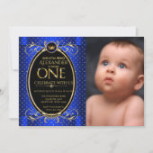 Royal Blue Gold Prince Photo First Birthday Party Invitation (Front)