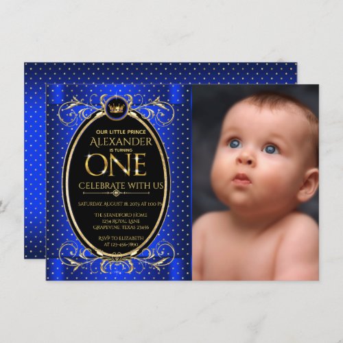 Royal Blue Gold Prince Photo First Birthday Party Invitation