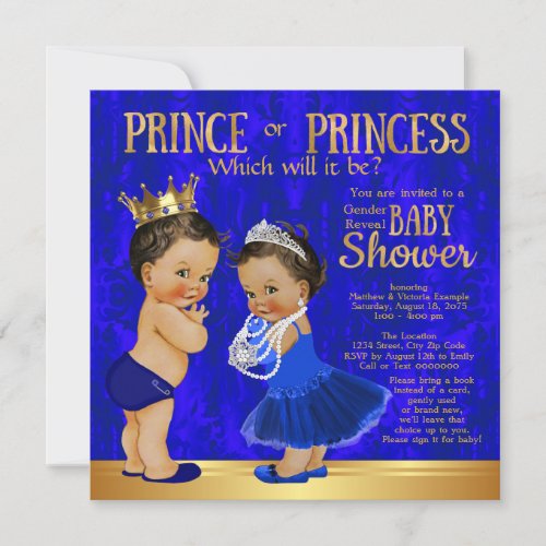 Royal Blue Gold Prince Princess Gender Reveal Invitation