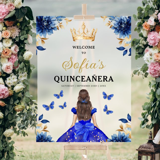 Royal Blue Gold Princess Quinceañera Welcome  Acrylic Sign (Creator Uploaded)