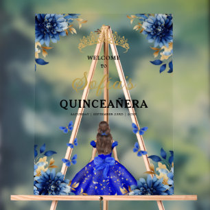 Royal Blue Gold Princess Quinceañera Welcome Acrylic Sign