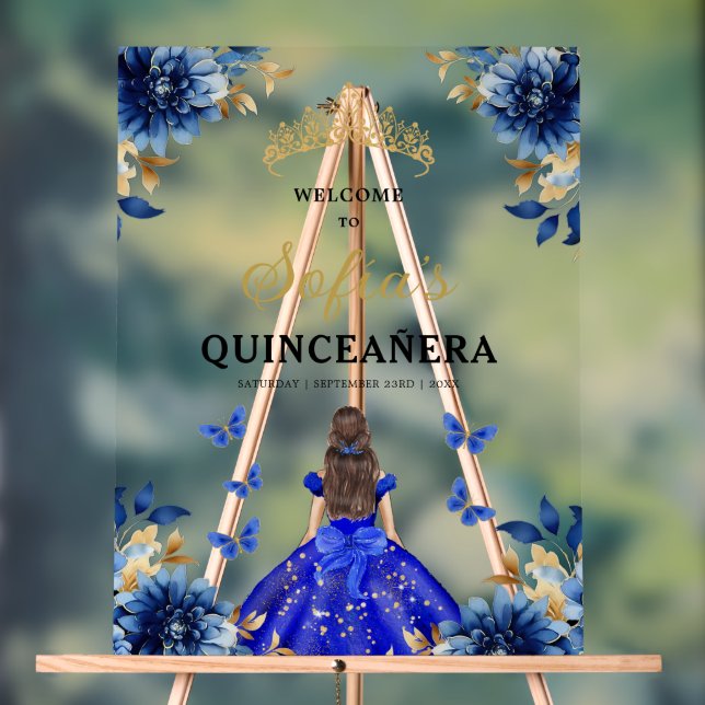 Royal Blue Gold Princess Quinceañera Welcome  Acrylic Sign (Neutral)