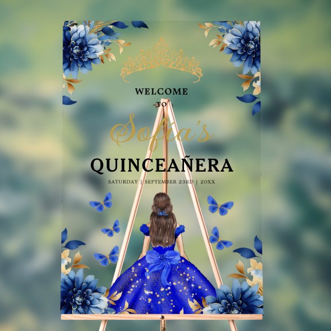 Royal Blue Gold Princess Quinceañera Welcome  Acrylic Sign (Neutral)