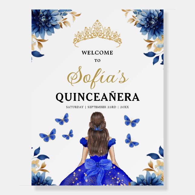Royal Blue Gold Princess Quinceañera Welcome  Foam Board (Front)
