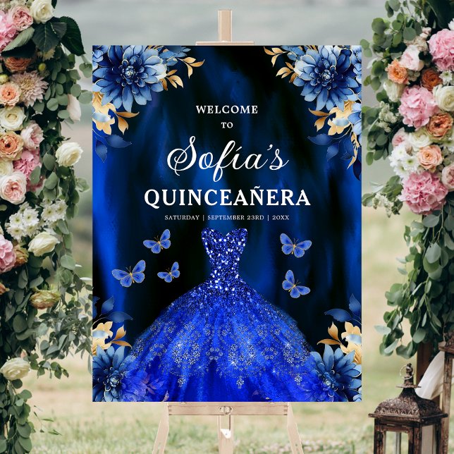 Royal Blue Gold Princess Quinceañera Welcome  Foam Board (Creator Uploaded)