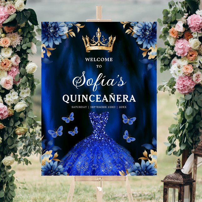 Royal Blue Gold Princess Quinceañera Welcome  Foam Board (Creator Uploaded)
