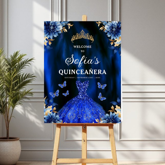 Royal Blue Gold Princess Quinceañera Welcome  Foam Board (Creator Uploaded)