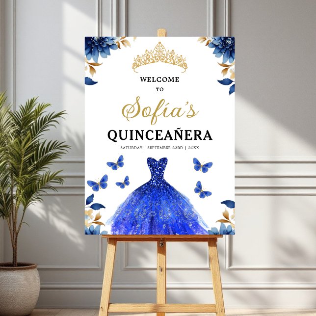 Royal Blue Gold Princess Quinceañera Welcome  Foam Board (Creator Uploaded)
