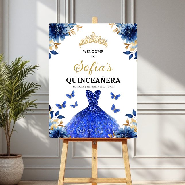 Royal Blue Gold Princess Quinceañera Welcome  Foam Board (Creator Uploaded)