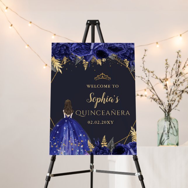 Royal Blue Gold Princess Quinceañera Welcome Sign (In Situ (Stand))
