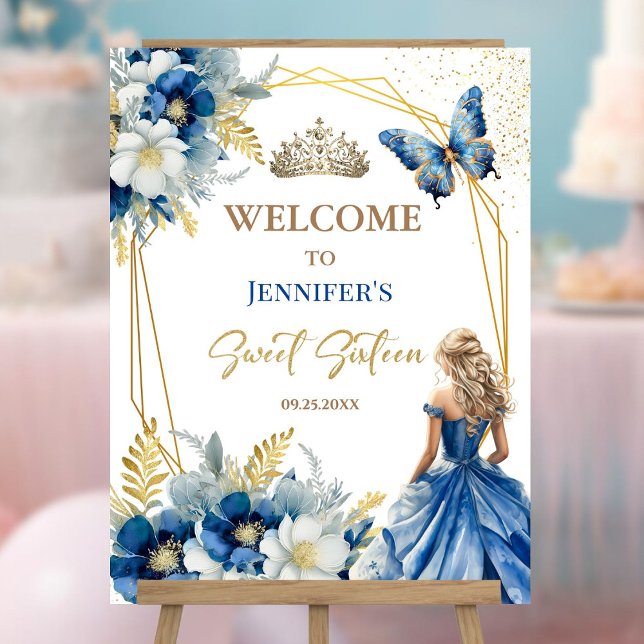 Royal Blue Gold Princess Tiara Floral Sweet 16 Foam Board (Creator Uploaded)