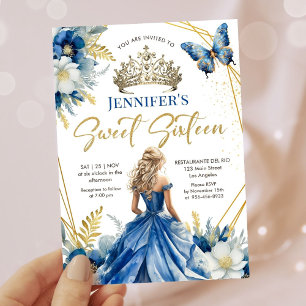 Royal Blue Gold Princess Tiara Floral Sweet 16 Invitation