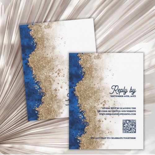 Royal Blue Gold QR Code Luxury Wedding Reply By RSVP Card
