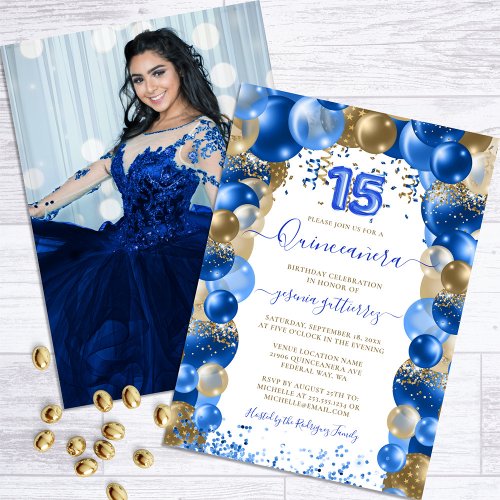Royal Blue Gold Quinceaera Balloon Photo Invitation