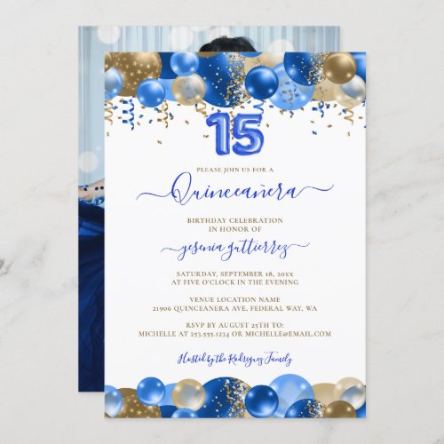 Royal Blue Gold Quinceaera Balloon Photo Invitation