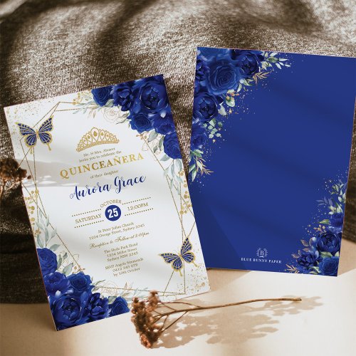Royal Blue Gold Quinceaera Butterfly Geometric Invitation