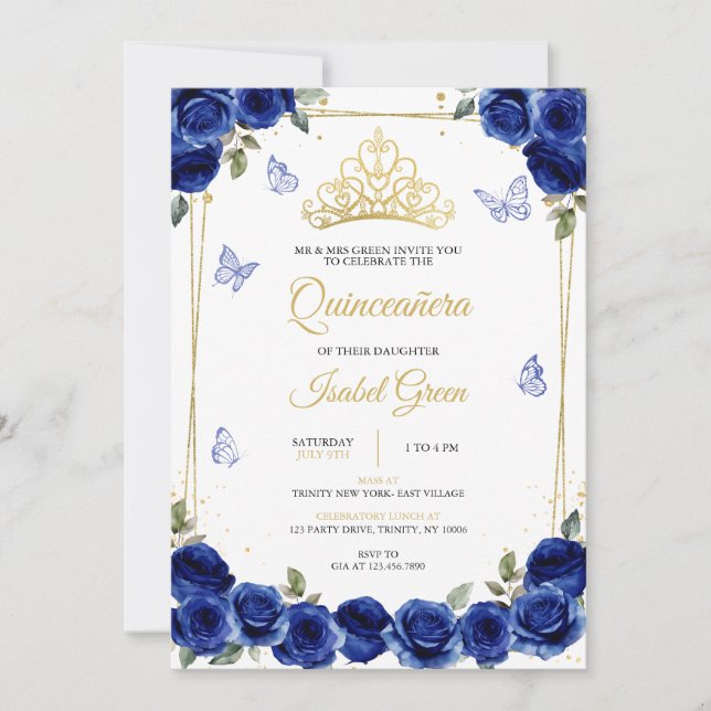 Royal Blue Gold Quinceañera Invitation (Front)
