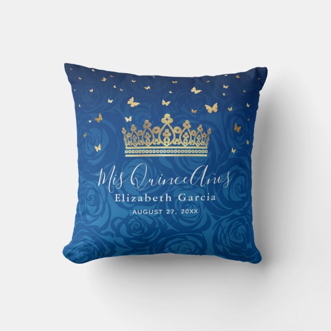 Royal Blue Gold Quinceanera Mis Quince Anos Throw Pillow (Front)
