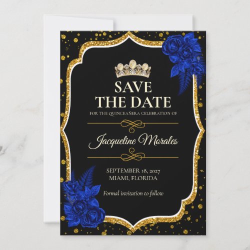 Royal Blue Gold Quinceañera Save the Date Card