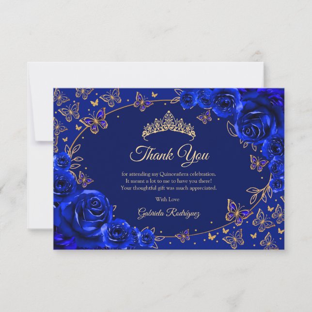 Royal Blue Gold Quinceanera Thank You Card (Front)
