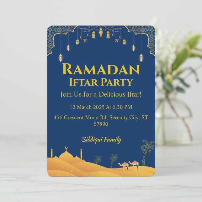 Royal Blue Gold Ramadan Iftar Party  Invitation (Standing Front)