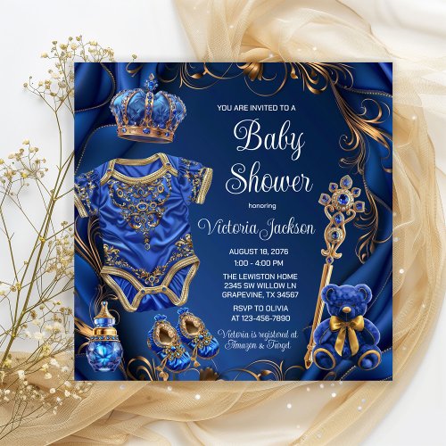 Royal Blue Gold Regal Prince Baby Shower Invitation