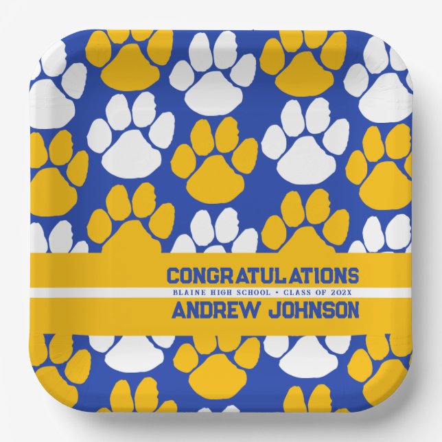 Royal Blue & Gold Repeating Pawprint Personalized Paper Plates (Front)