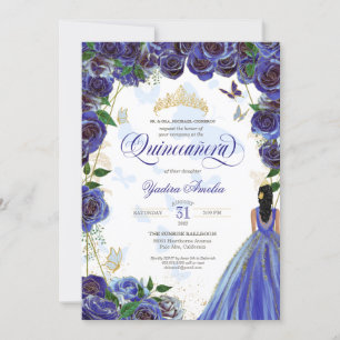 Royal Blue Gold Rose Elegant Butterfly Quinceanera Invitation