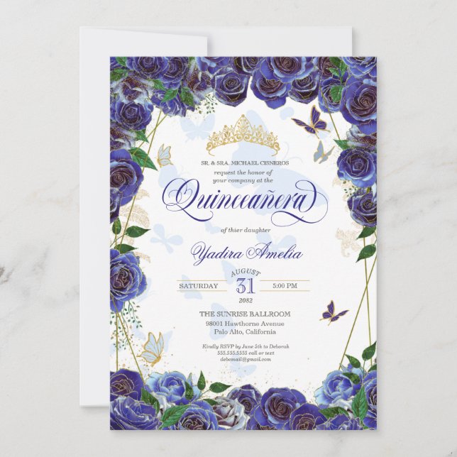 Royal Blue Gold Rose Elegant Butterfly Quinceanera Invitation (Front)