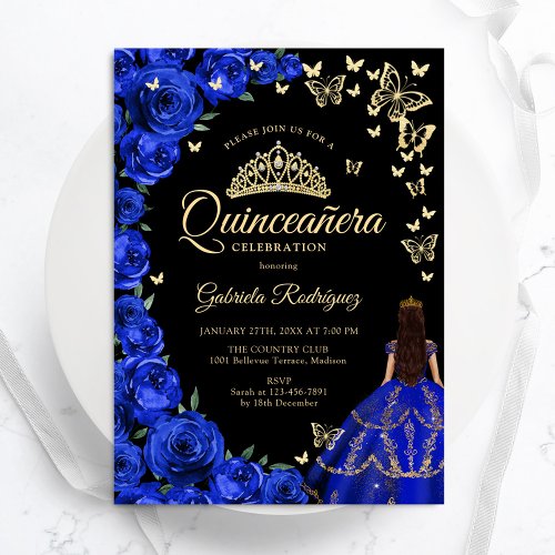 Royal Blue Gold Roses Butterflies Quinceanera Invitation