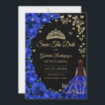Royal Blue Gold Roses Butterflies Quinceanera Save The Date<br><div class="desc">Royal blue gold Quinceanera celebration save the date card. Features brunette girl in ball gown dress,  script font,  gold butterflies,  royal blue roses and tiara. Perfect for an elegant princess style glam celebration. Personalize with your own details. Printed Zazzle cards or instant download digital printable template.</div>