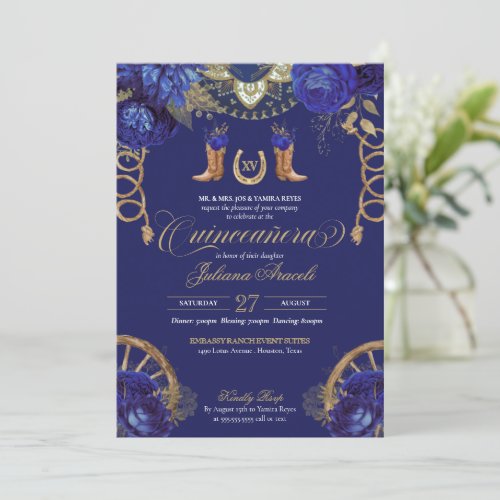 Royal Blue Gold Roses Country Western Quinceanera Invitation