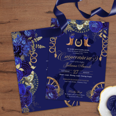 Royal Blue Gold Roses Elegant Charro Quinceanera Invitation