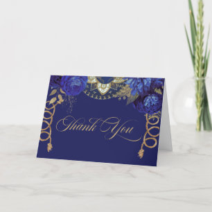 Royal Blue Gold Roses Elegant Charro Western Style Letterpress Thank You Card